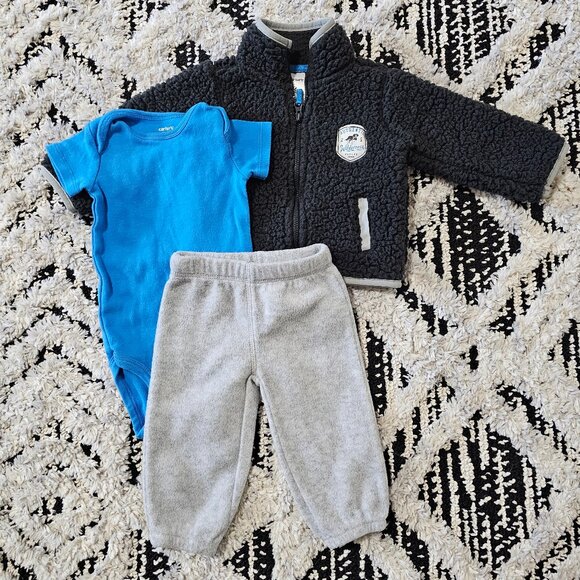 Carter's Baby Boy 3 piece Sherpa Zip Up Sweater Bodysuit & Jogger Sweatpants 6 M - Picture 1 of 10